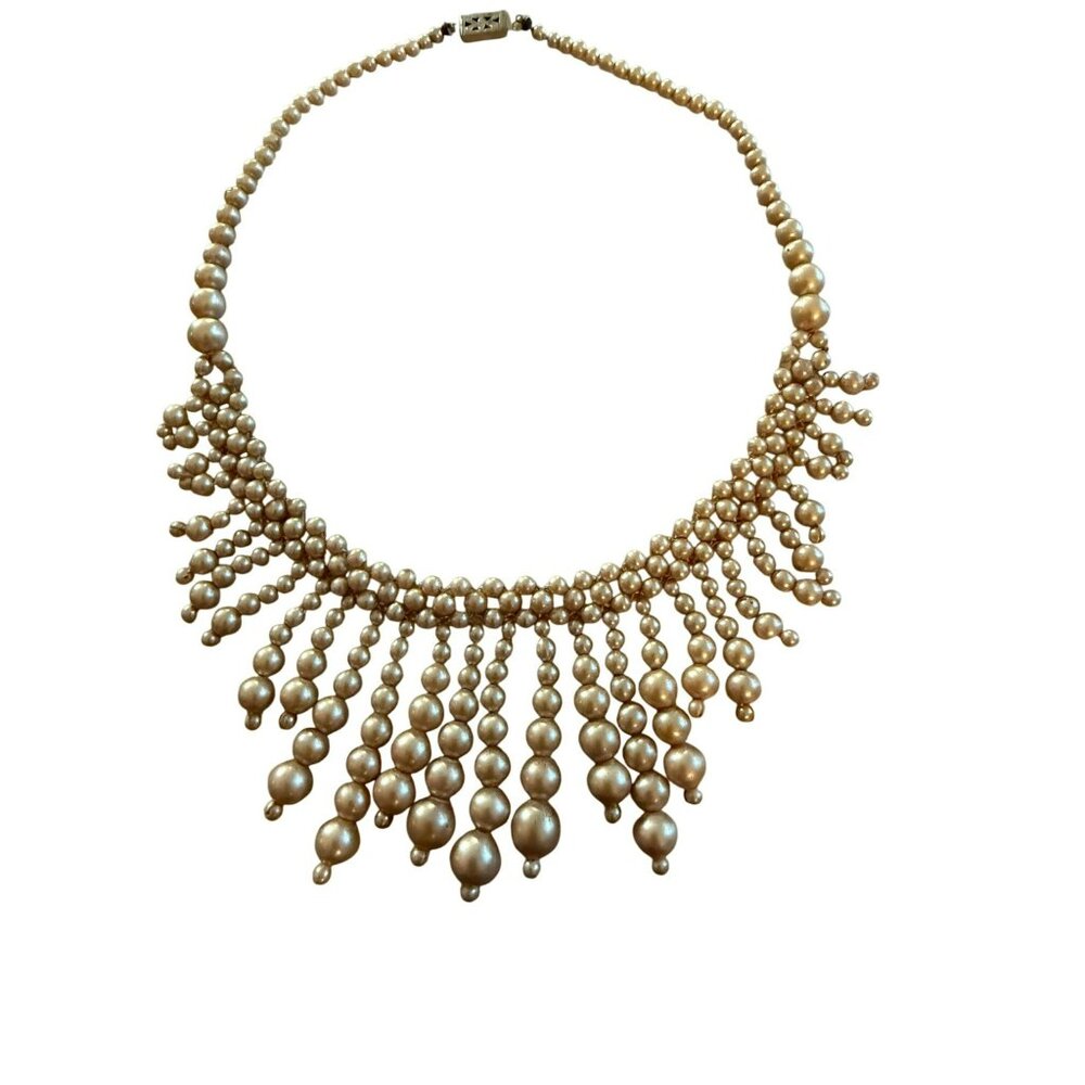Vintage 1920s Faux Pearl Bib Choker Necklace With Ornate Clasp & Tiered Bead Des